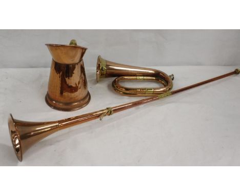 Copper bugle, copper hunting horn and a copper jug (3) 