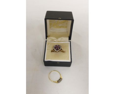 Amethyst and pearl ring of heart shape, 9ct gold (Size 'N') and diamond ring with tiny brilliants 2.9g.&nbsp; (2)