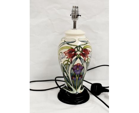 Moorcroft Pottery table lamp with floral decoration. (electrical testing required).Height 40cm.  