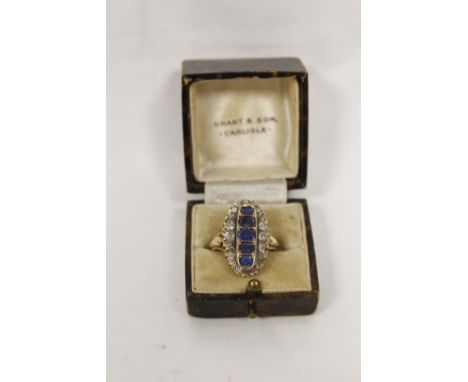 Victorian finger ring with five graduated sapphires and old cut diamond brilliants, 18ct gold, Birmingham 1888 Condition repo