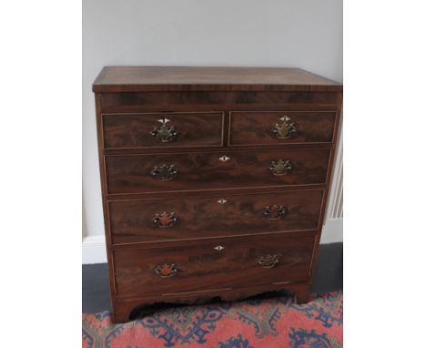 19th century oak and mahogany crossbanded chest, two short and three long drawers, bracket feet 92cms wide 