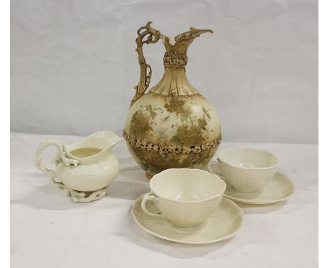 Vienna porcelain ewer with reticulated floral bands and floral decoration a/f, 25cm high; also two Belleek porcelain cups and