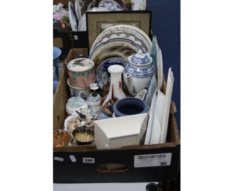 A BOX OF CERAMICS, etc, including Wedgwood jasperware, assorted plates, copper tea caddy etc