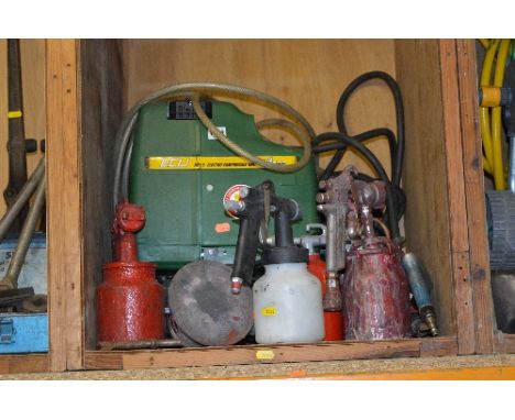 AN ECU COMPRESSOR AIR SANDER, air chisel, an air drill, three spray guns and an air clearing gun (8)