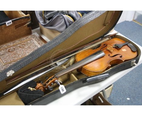 A CASED VIOLIN, copy of Stradivarius, missing some strings