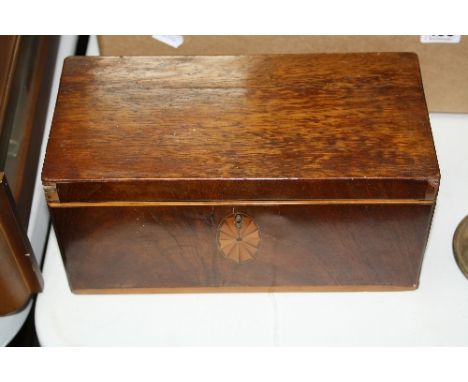 A MAHOGHANY INLAID TEA CADDY, with fitted two part compartment, width approximately 25.5cm (some side edging loose)