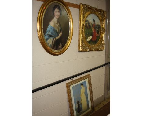 THREE GILT FRAMED COLOUR PRINTS, including after Francisco Miralles 'At The Races' and a portrait of the Queen Mother as a yo