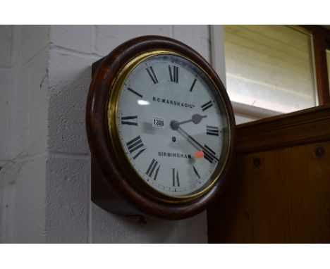 AN OAK CASED CIRCULAR FUSEE CLOCK, 12' painted dial, signed R C Marsh & Co Ltd (key and pendulum)