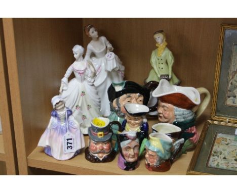 FOUR FIGURINES AND VARIOUS SMALL CHARACTER JUGS, to include Royal Doulton 'Dinky Do' HN1678, 'Carol' HN2961, Royal Worcester 
