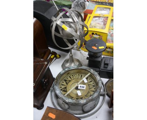 A SHIPS COMPASS, by W J Donald of Fraserburgh, together with a modern armillary sphere globe, (solar earth with arrow), heigh