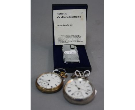 A SILVER POCKET WATCH, together with a gold plated pocket watch and Ronson lighter
