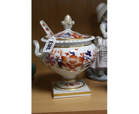 A FLIGHT BARR & BARR WORCESTER TWIN HANDLED SAUCE TUREEN AND COVER, cover restored and chipped, Imari pallette, floral decora