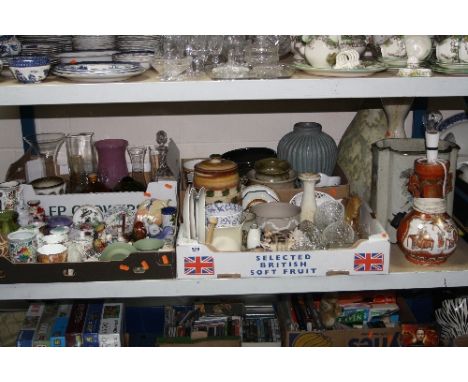 FOUR BOXES AND LOOSE CERAMICS, GLASS, VASES ETC to include satsuma ware table lamp (converted), jardineres, cut glass decante