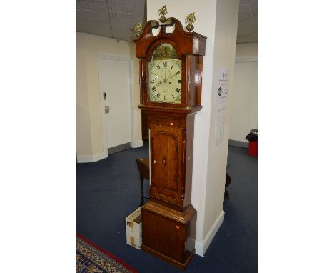 AN EARLY 19TH CENTURY OAK, MAHOGANY AND INLAID 8 DAY LONGCASE CLOCK, broken swan neck pediment on column supports, architectu