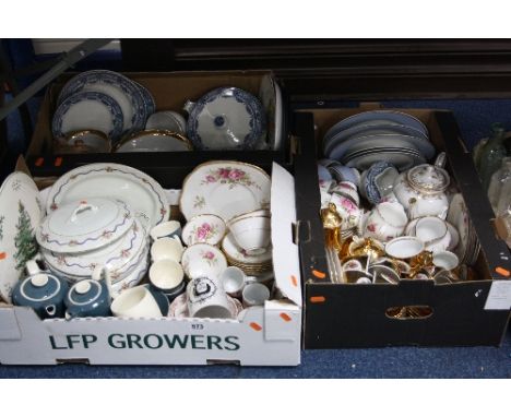 THREE BOXES OF CERAMICS, including Poole coffee set, Spode Christmas Tree cake plate, Collingwood tea wares, etc (three boxes