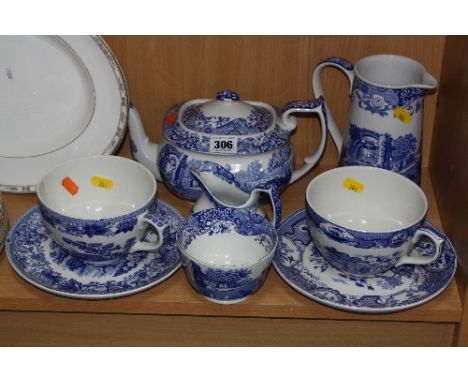 SPODE 'ITALIAN' TEAPOT, MILK JUG, SUGAR AND A JUG, together with two 'Spode Blue Room Collection' breakfast cups and saucers 