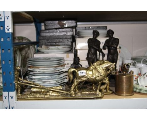 A QUANTITY OF METALWARES AND CERAMICS, including figures of miners, Royal Worcester Christmas plates for 1979, 1981-83 and ot