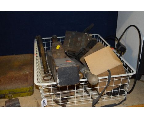 A TRAY OF HAND TOOLS etc, including two wooden smoothing planes, one wooden plane, brass bag scales etc