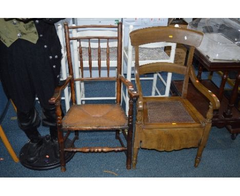 A 19TH CENTURY AND LATER SPINDLE BACK ARMCHAIR, and an Edwardian commode chair (2)
