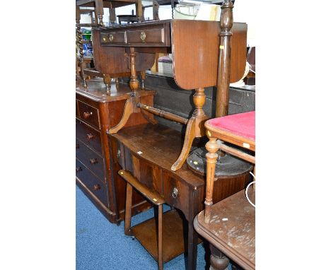 A MAHOGANY SIDE TABLE, sofa table, oak trolley and a standard lamp (4)