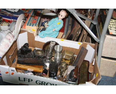 TWO BOXES AND LOOSE SUNDRY ITEMS, to include boxed child's teaset, carved inkstand, guillotine, barometer, records, collector