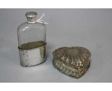 A VICTORIAN SILVER HEART SHAPED TRINKET BOX AND COVER, embossed decoration, crimped edges, maker William Comyns, London 1889,