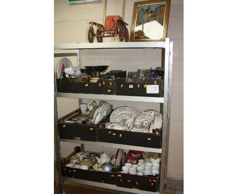 SIX BOXES OF LOOSE CERAMICS, GLASS, METALWARE etc, to include brass jam pan, scales, tapestry picture, barometer etc
