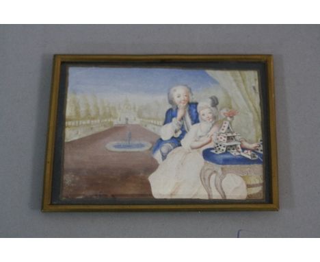 A 19CT FRAMED AND GLAZED MINIATURE, of a couple playing cards