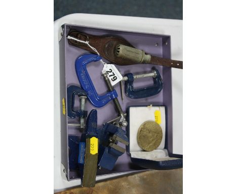 A SMALL TRAY OF SUNDRIES, to include 'The Acme Siren' whistle, Lusitania medallion marked 'Keine Bann Ware', miniature clamps