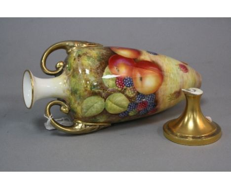 A DISTRESSED ROYAL WORCESTER TWIN HANDLED VASE, hand painted with fruit by Leaman, (foot broken off) shape No2710, height app