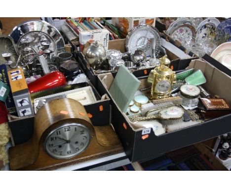 THREE BOXES OF SILVER PLATE, STAINLESS STEEL, DRESSING TABLE ITEMS, CASED MANTEL CLOCK, quartz clock of hanging lantern form 