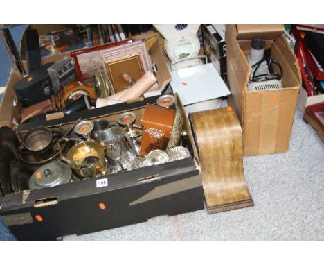 TWO BOXES OF METALWARES, cameras, binoculars, prints, mantel clock, vintage Asco scales, etc