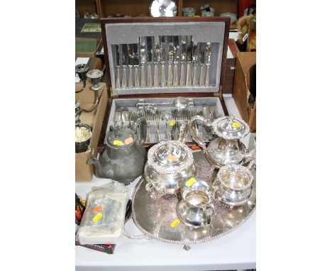 A WINDSOR SILVER PLATED FOUR PIECE TEA SERVICE, a plated tray, a canteen of cutlery (not complete), another teapot and three 
