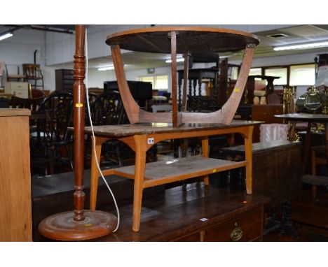 A TEAK CIRCULAR COFFEE TABLE, another coffee table and a standard lamp (3)