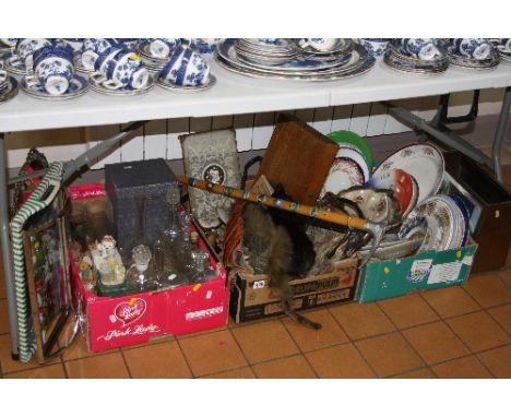 THREE BOXES AND LOOSE SUNDRY ITEMS, to include fur stoles, hand bags, decanters, brass mirror, tray, teddy bear ornaments, hi