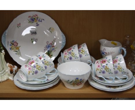 SHELLEY 'WILD FLOWERS' TEASET, No 13668, to include cake plate, milk jug, sugar bowl and six tea cups and saucers (in good co