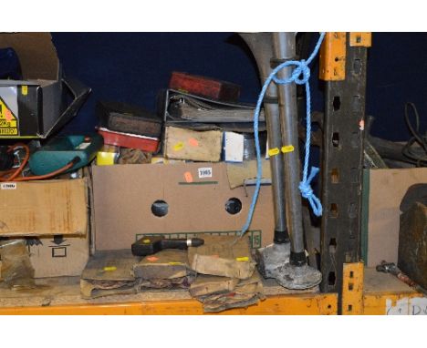 A BOX AND LOOSE ITEMS OF MECHANICAL SPARES AND CONSUMABLES, including a lorry air horn, pipes, engine bearings, fuel injector