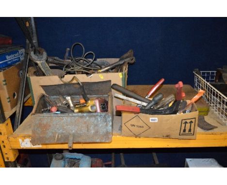 TWO BOXES OF VERY LARGE SPANNERS, clamps, micrometer, a part socket set, torque wrench, a metal tool box and contents, wire s