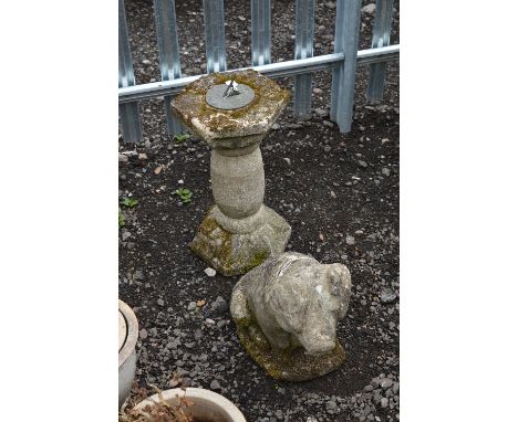 A PRE CAST SUNDIAL, on seperate base and a pre cast figure of a pig (2)