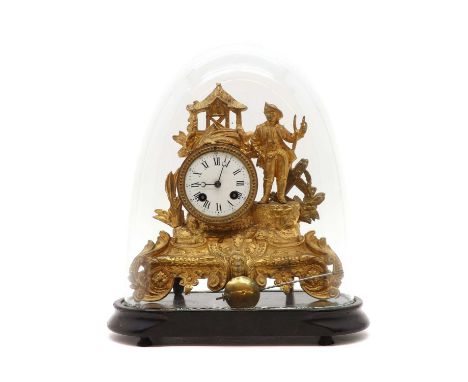 A French gilt metal mantel clock,late 19th century, the circular white enamelled dial, with Roman numerals, striking on a bel