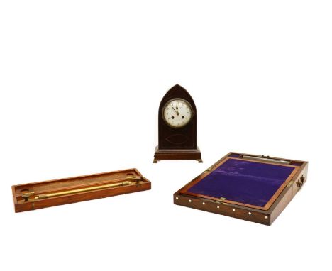 A mahogany lancet clock,30cm hightogether with a mahogany writing slope,early 20th century, inlaid with mother of pearl,33cm 