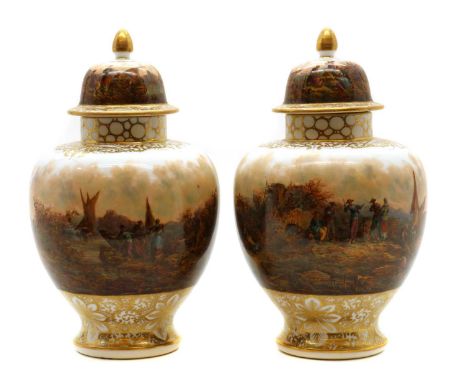 A pair of Dresden porcelain urns,mid to late 19th century, by Helena Wolfsohn, painted with a figurative landscape, to floral