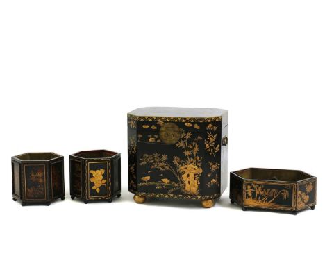 A pair of black lacquer Chinoiserie planters,of recent manufacture, of octagonal outline, 25cm wide25cm deep22cm high togethe