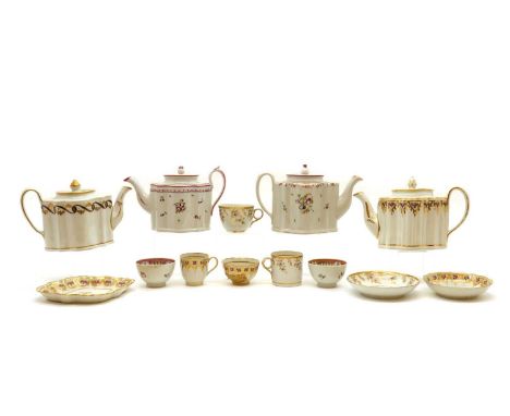 A group of New Hall porcelain items,late 18th century and later, comprising a teapot and stand, 15.7cm high, three further te