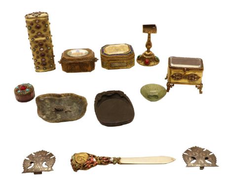 A group of enamelled items,19th century and later, comprising a gilt metal etui type case, with hinged cover and hinged lower