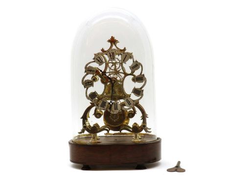 A brass skeleton clock,with a silvered Roman numeral dial, and fusee movement, under a glass dome,43cm high with the domeCond