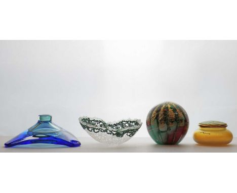 A Karen Laurence 'Electoform' studio glass bowl13cm widetogether with an Okra iridescent glass box, 7.5cm wide a studio glass