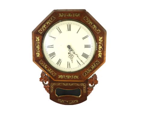 A Victorian mahogany wall clock,1880s, with brass inlay, the circular white dial with Roman numerals, and drop pendulum,31cm 