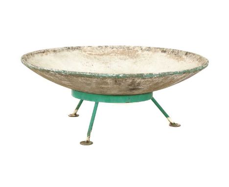 A large composite cement planter,designed by Willy Guhl, on a partially-painted metal stand, numbered,150cm diameter58cm high