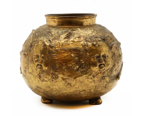 A bronze cachepot, probably continental, late 19th Century, the globular body decorated in relief with Joshua Reynolds style 